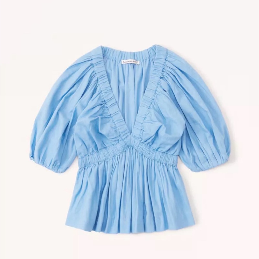 NWT Abercrombie Short-Sleeve Linen-Blend Plunge Top | blue | size XL